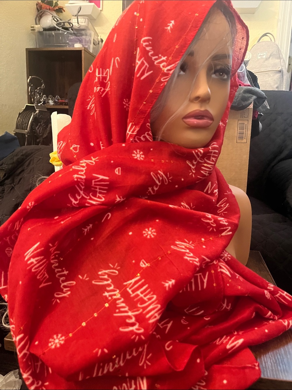 Festive “Definitely Naughty” Red Script Holiday Scarf Wrap